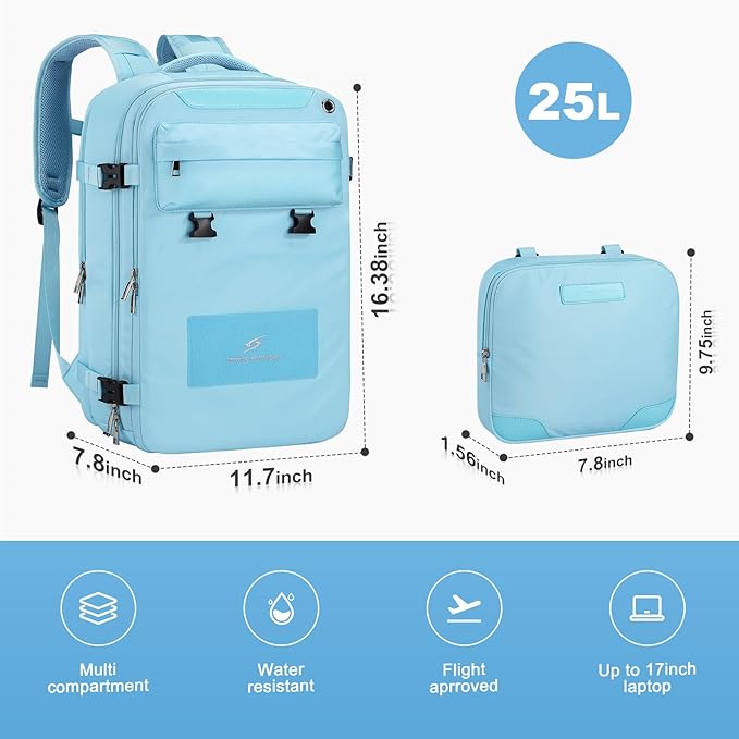 Maelstrom Travel Backpack for Women Men,25L Laptop Backpack Fits 15.6-Inch Laptop,Waterproof Carry On Backpack for Airplanes with Detachable Crossbody Bag & Shoe Compartment (Blue, Medium)