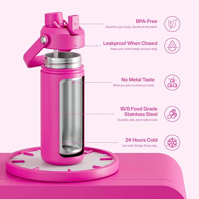 ENCOOL Insulated Water Bottle with Straw Stainless Steel Water Bottle, Leak-Proof, BPA-Free, Double Wall Vacuum Keeps Cold for 24 Hours for Sports, Travel, School (18 oz, Persian Rose)
