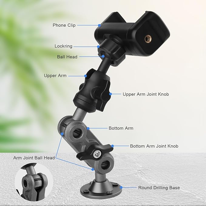 Wall Mount Phone Holder Drilling Base Heavy Duty iPhone Stand,360° Adjustable 2-Stage Arms Mount for Wall/Desk/Car/Truck/Van Dashboard,Compatible with 3.5~7.5" iPhone/HTC/LG/Nexus/Huawei Smartphone