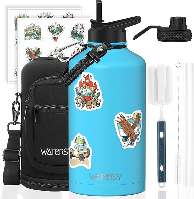 87oz Insulated Water Bottle (Cold for 48 Hrs),BPA Free&Leak Proof,1.5 Gallon Stainless Steel Water Flask,Water Jug with Straw Spout Lids for Gym,Hiking,Camping,Sky Blue