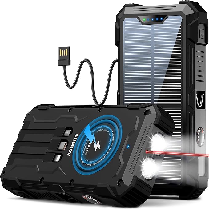 Sudrov Solar Charger Power Bank, 42800mAh Wireless Portable Charger with USB-C in/Output, QC3.0 Fast Charging 15W 4 Ports Outdoor Battery Pack Built-in LED Flashlight, for iPhone, Galaxy, iPad etc