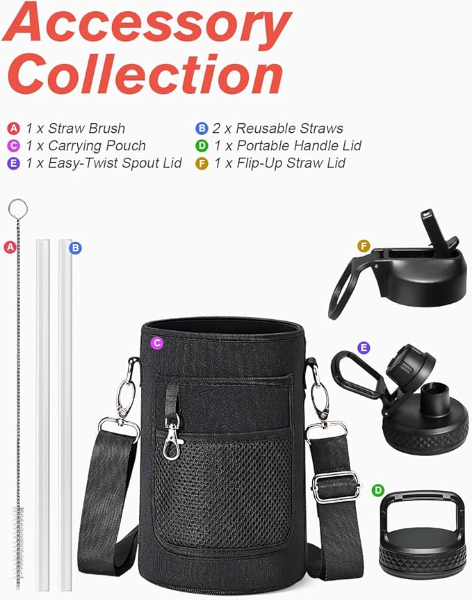 Coolflask Half Gallon Water Bottle Insulated with Straw & 3 Lids, 64 oz Water Jug Large Metal Stainless Steel Wide Mouth for Sports, Gym or Office, Non-BPA Keep Cold 48H Hot 24H, White