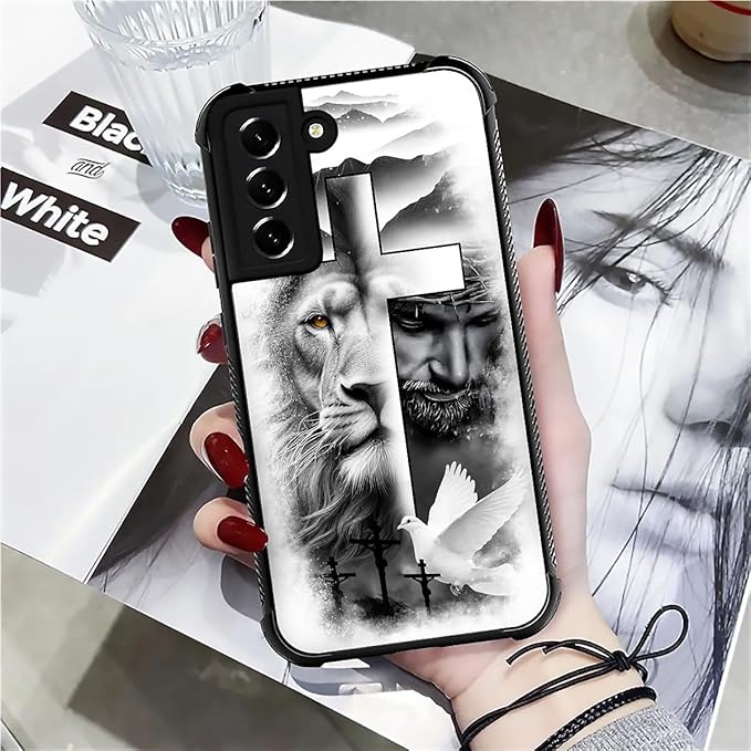for Samsung Galaxy S21 Case, Lion Cross Jesus Christ Dove Pattern Graphic Design Girl Boy Soft Silicone Hard Acrylic Shock Protection for Samsung Galaxy S21