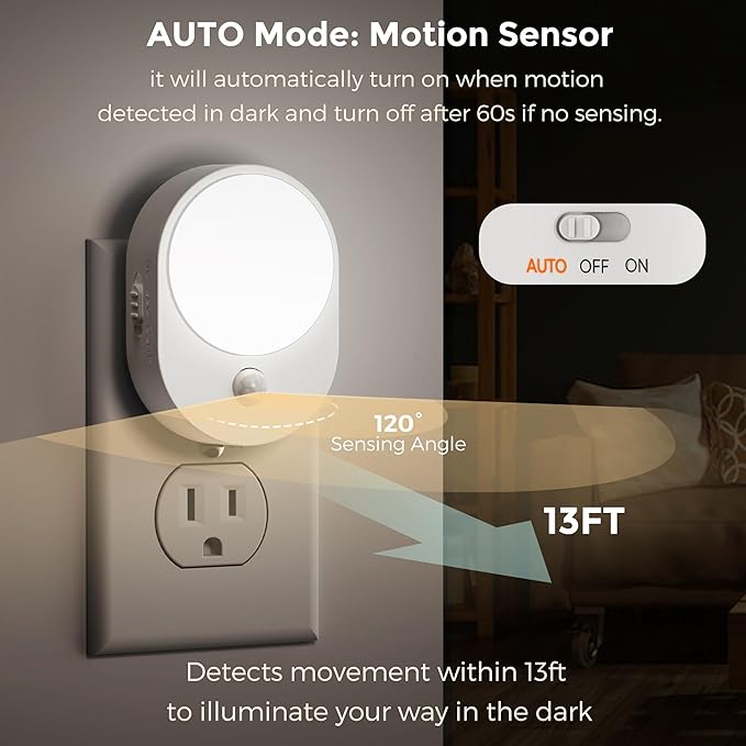 L LOHAS LED Plug in Night Light with Motion Sensor and Dusk to Dawn Sensor,[4-Pack] Night Lights Plug into Wall,5000K Daylight White,30/60/100LM Dimmable Nightlight for Bathroom Hallway