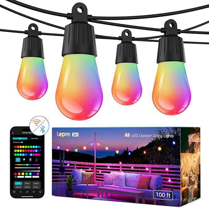 Lepro ZB1 AI Smart Outdoor String Lights APP Control, 100(88+12) ft RGB+IC+Warm White Outdoor Light 30 LED Bulbs, NOT Extendable, Alexa Google Enabled, Music Sync, NO Remote, 2.4 GHz WiFi+Bluetooth