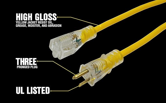Yellow Jacket Heavy Duty Extension Cord, 25Ft, 12 Gauge, 3 Conductor, Lighted End, Weather Resistant, SJTW, Yellow, 2883 (Pack of 4)