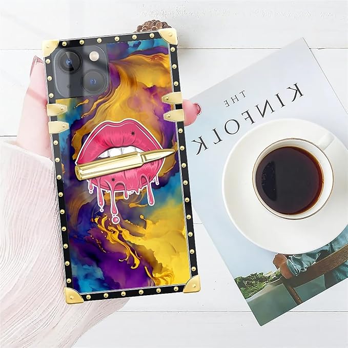 Compatible with iPhone 14 Case, Cool Corlorful Lip Marble Luxury Golden Decoration for Girl Women Soft TPU Shockproof Protective Hard PC Back for iPhone 14