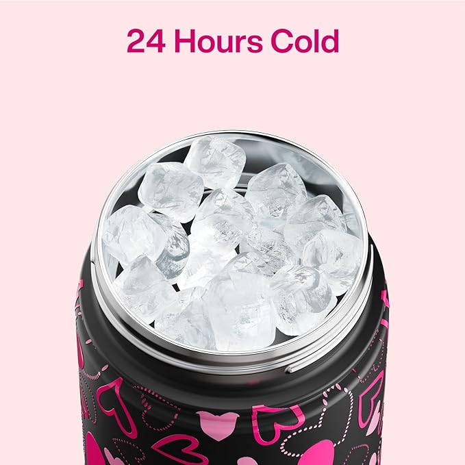 ENCOOL Valentine's Day Insulated Water Bottle with Straw Stainless Steel Water Bottle, Leak-Proof, BPA-Free, Keeps Cold for 24 Hours for Sports, Travel, School (26 oz, Sweet Hearts Pink x Black)