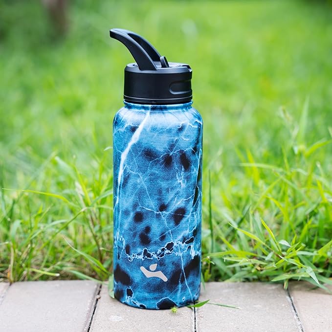 Konokyo 18 oz Insulated Water Bottle Stainless Steel Sport Bottles with 3 Lids,Marble Ocean