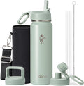 Coolflask Water Bottle 24 oz Insulated with Straw, Stainless Steel Metal 3 Lids Water Flask Wide Mouth for Sports or Office, Non-BPA Keep Cold Up to 48 Hrs or Hot Up to 24 Hrs, Grey Green