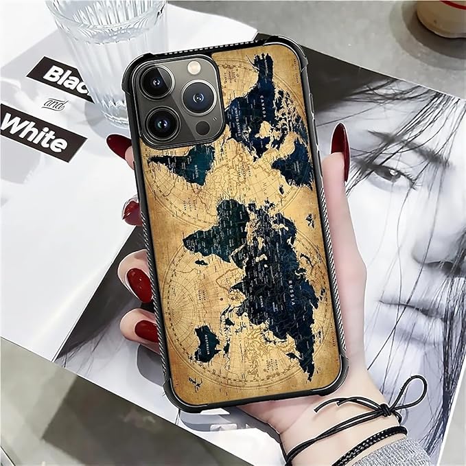 for iPhone 16 Pro Case, Brown World Map Pattern Graphic Design Girl Boy Soft Silicone Hard Acrylic Shock Protection for iPhone 16 Pro