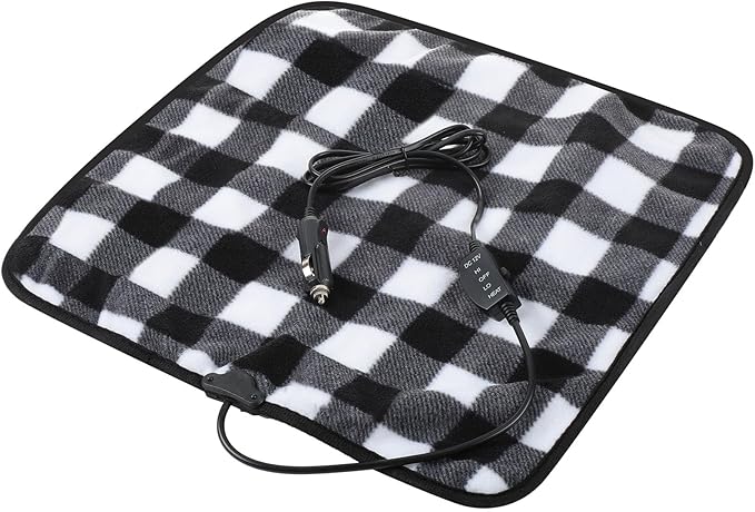 Tuanse 16 x 16 Inches Car Electric Blanket 12 Volt Heated Car Blanket with Temperature Controller and Black Storage Bag Cold Weather Tailgating and Emergency Kit (Black White,Plaid)