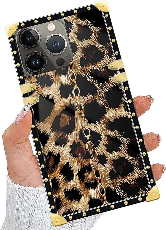 Compatible with iPhone 14 Pro Case, Seamless Gold Chain Leopard Luxury Golden Decoration for Girl Women Soft TPU Shockproof Protective Hard PC Back for iPhone 14 Pro