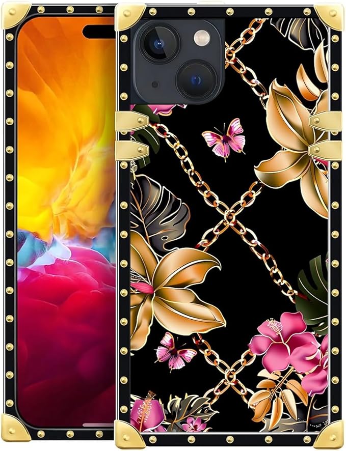 Compatible with iPhone 15 Case, Pink Golden Chain Tropical Flower Luxury Golden Decoration for Girl Women Soft TPU Shockproof Protective Hard PC Back for iPhone 15