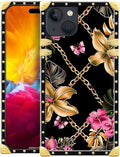 Compatible with iPhone 15 Case, Pink Golden Chain Tropical Flower Luxury Golden Decoration for Girl Women Soft TPU Shockproof Protective Hard PC Back for iPhone 15