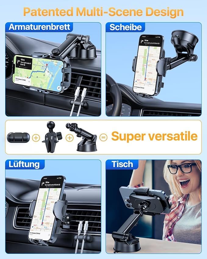 YRU [True Upgrade for Safety] Car Phone Holder Mount [Patent & Military-Grade] Dashboard Cell Phone Holder for Car Vent Windshield Phone Stand for iPhone 17 16 15 14 13 Pro Max Truck Samsung, Blue