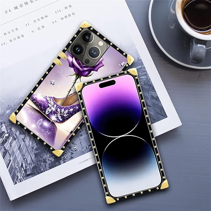 Compatible with iPhone 14 Pro Max Case, High Heeled Purple Diamond Rose Luxury Golden Decoration for Girl Women Soft TPU Shockproof Protective Hard PC Back for iPhone 14 Pro Max