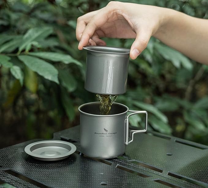 iBasingo 220ml Titanium Cup with Strainer Camping Mug with Lid Foldable Handle Single-walled Lightweight Portable for Outdoor Drinking Drinkware US-Ti3057D