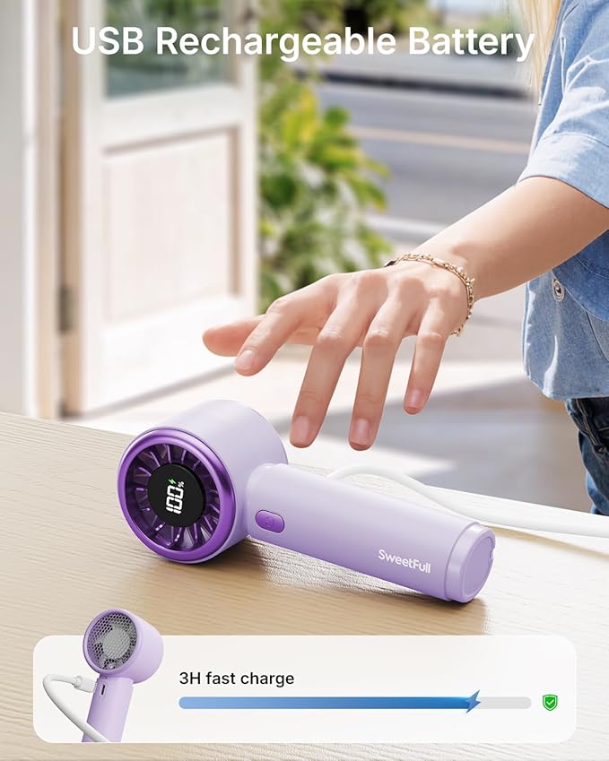 SWEETFULL Mini Fan Portable - Cute Handheld Turbo Fan with Rechargeable Battery, 5 Speeds, Small Hand Personal Travel Essentials for Women, Girls, Kids, Lash, Makeup - Purple