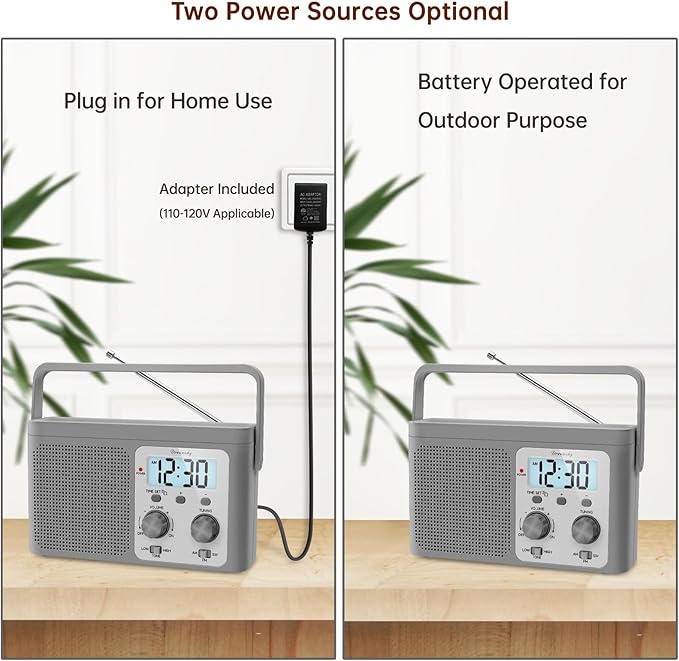 DreamSky AM FM Radio Portable - Shortwave Radio Battery Powered or Plug in Wall for Home Outdoor, Strong Reception, Large Dial Easy to Use, Digital Time Display, Transistor Antenna, Seniors Small Gift