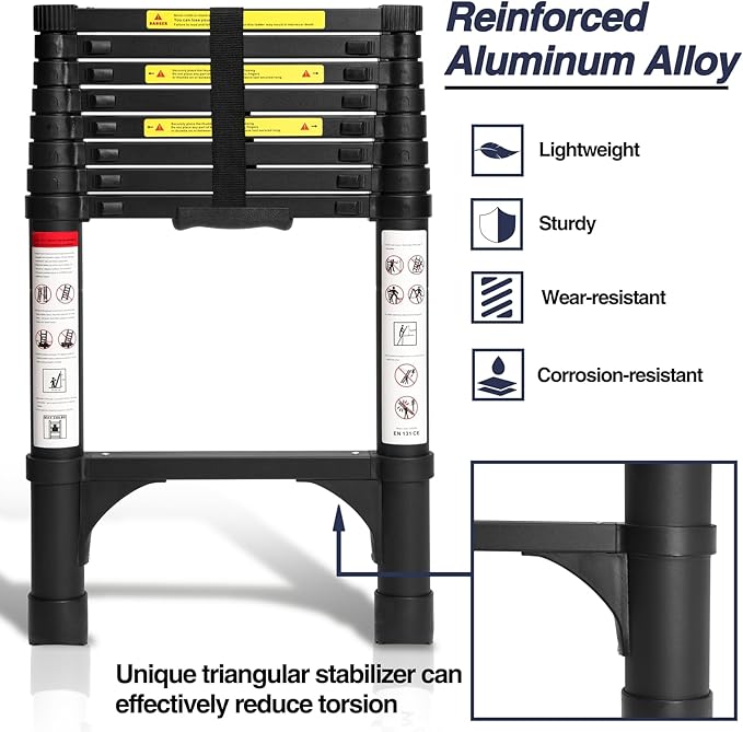 BOCOM 8.5 FT Aluminum Telescoping Ladder, Lightweight Multi-Purpose Collapsible Extension with 2 Triangle Stabilizers, Heavy Duty 330 lbs Max Capacity, Ideal for Home, RV, and Outdoor Work Black