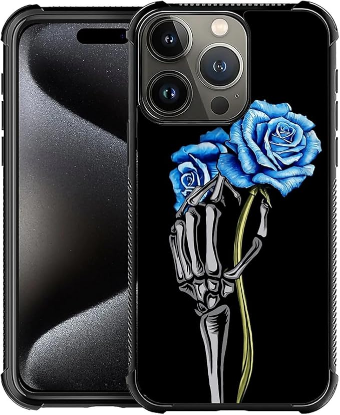 for iPhone 16 Pro Case, Skeleton Holding Blue Rose Pattern Graphic Design Girl Boy Soft Silicone Hard Acrylic Shock Protection for iPhone 16 Pro