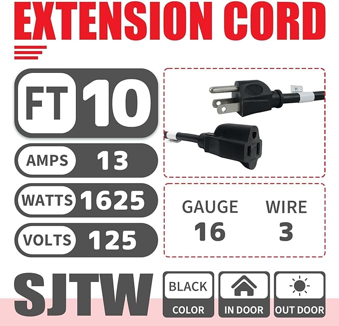 EP 2 Pack 10FT Black Outdoor Extension Cord, 16/3 SJTW Heavy Duty Waterproof, 3 Prong Grounded Plug, 13A 1625W 16AWG, Cold-Resistant Flexible Power Cable for Garden, Home, Christmas Lights
