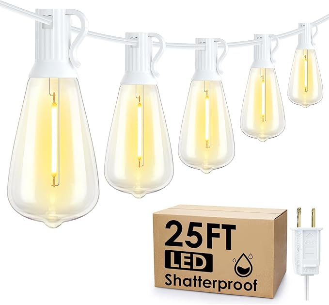 Larkvue 25FT Outdoor String Lights, Patio Lights with 10+1 2700K LED Dimmable Waterproof Outside Hanging ST38 Edison Bulbs for Backyard, White Cord