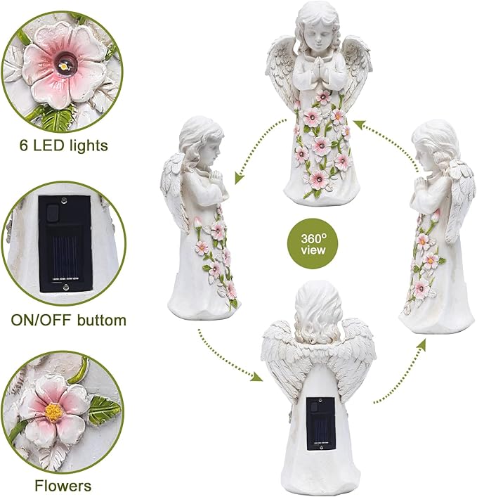 Nacome Garden Outdoor Statues Angel with Succulent and 7 LED Lights – Lawn Decor for Patio, Balcony, Yard Ornament for Mom Grandma Women