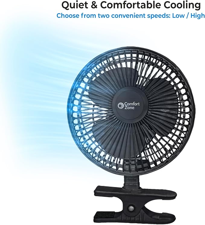 Comfort Zone 6-Inch Corded Clip-On Personal Fan – 2-Speed Quiet Desk Fan with 360° Rotation, Fully Adjustable Tilt & Secure Strong Clamp – Mini Air Circulator for Desks, Bedside & Office