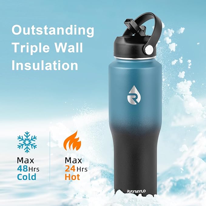 RAYMYLO 32 oz Insulated Water Bottle with Straw fit in Car Cup Holder, Triple Wall Vacuum Stainless Steel(Cold 48 hrs, Hot 24 hrs), Leakproof & Non-BPA, Hydro Travel Flask with Straw and Spout Lid