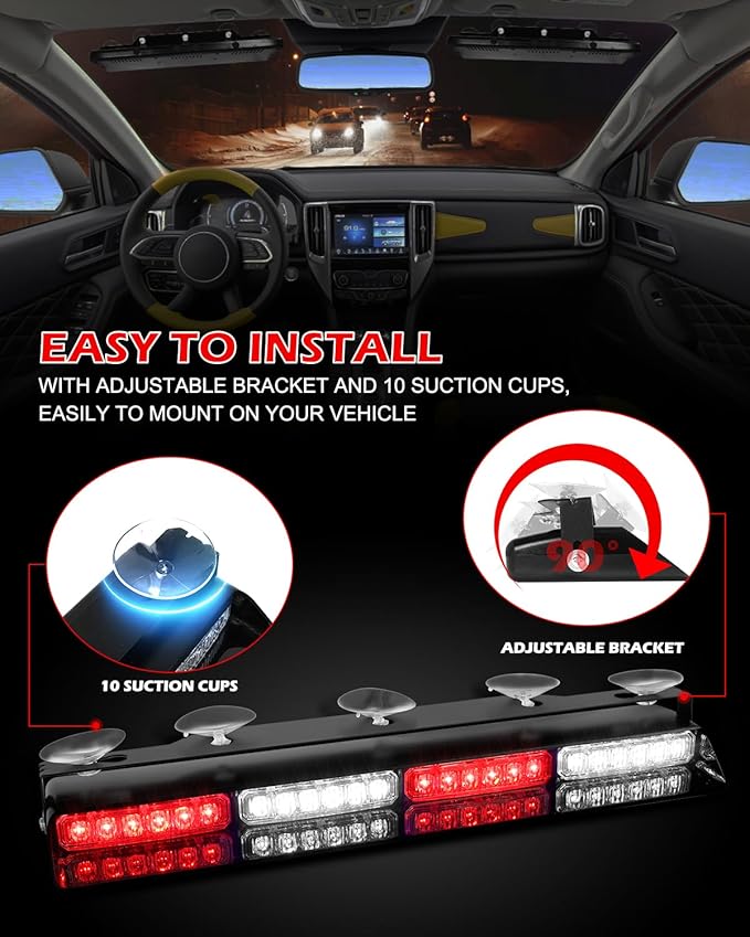 HLauto 604N Emergency Dash Strobe Lights: 2x16.8 inch Red White Security Light w/Take Down, 48 LED Safety Flashing Warning Hazard Interior Windshield Light Bar for Trucks Vehicles