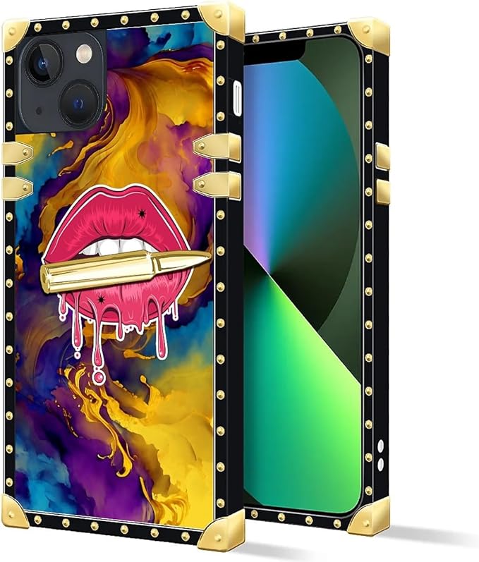 Compatible with iPhone 13 Case, Cool Corlorful Lip Marble Luxury Golden Decoration for Girl Women Soft TPU Shockproof Protective Hard PC Back for iPhone 13