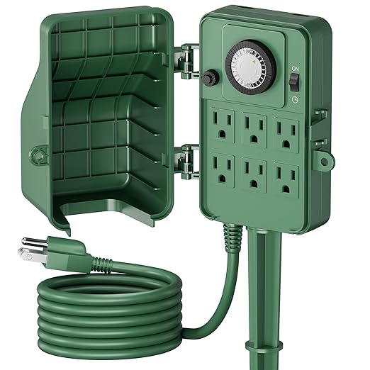 BN-LINK Outdoor Power Stake Timer Waterproof, 24-Hour Mechanical Timer with 6 Grounded Outlets, 6FT Extension Cord for Halloween/Christmas Decor Lights, ETL Listed