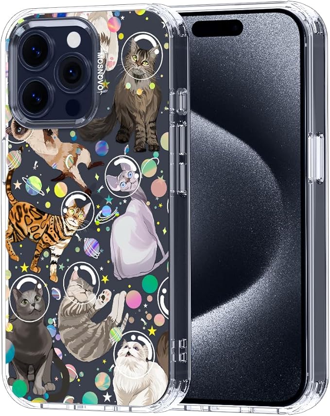 MOSNOVO Case for iPhone 15 Pro Max, [Buffertech 6.6ft Military-Grade Drop Protection] [Anti Peel Off Tech] Clear TPU Bumper Phone Case Cover Design - Space Cat