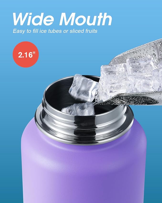 Coolflask Water Bottle 40 oz Insulated with Straw, Stainless Steel Metal 3 Lids Water Flask for Sports or Office, Keep Cold 48H Hot 24H, Purple Black