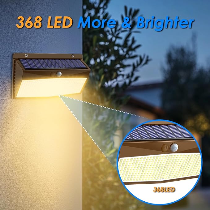 2 Pack 368 LED Solar Lights Outdoor Motion Sensor, Solar Fence Light with 3 Lighting Modes, Solar Powered Security Lights Waterproof for Outside Yard Wall Garden Backyard,Brown Warm