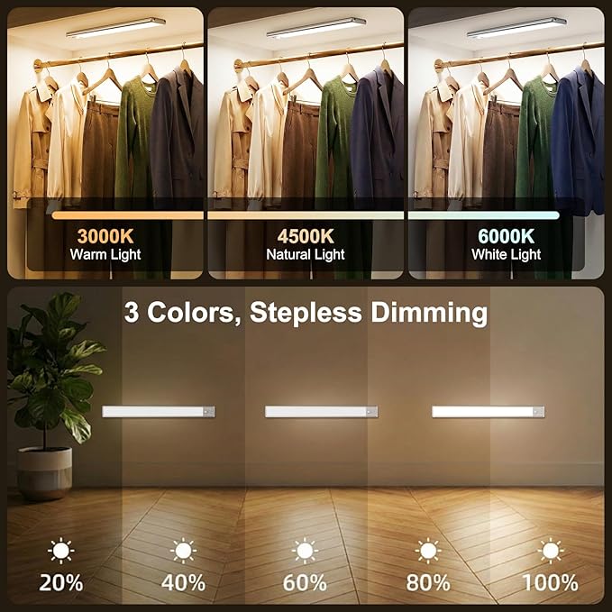Reoshine Motion Sensor Light Indoor, 80 LED Under Cabinet Lighting Battery Operated with 3 Color Temps, 1800mAh Rechargeable Closet Lights Wireless for Kitchen, Pantry, Stair (2 Pack)