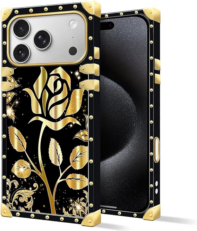 for iPhone 17 Pro Max Case Luxury Golden Decoration for Girl Women Soft TPU Shockproof Protective Hard PC Back for iPhone 17 Pro Max Crazy Pattern Shine Gold Rose