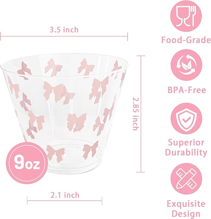 I00000 200 Pcs 9 oz Clear Plastic Cups with Pink Bow, Clear Disposable Cups Wine Glasses Cocktail Glasses Premium Cup Perfect for Wedding, Birthday & Party