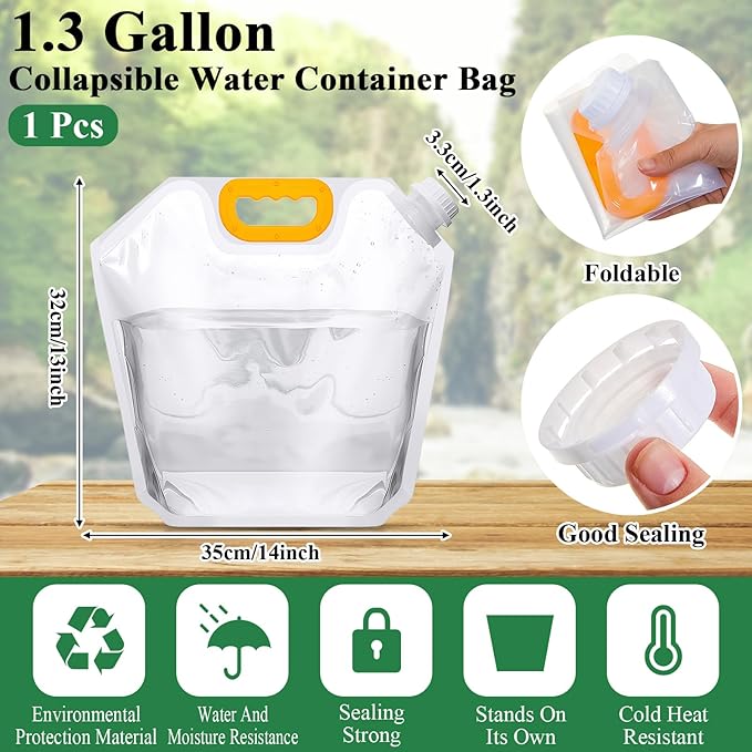 Tessco for you 1 Pcs 1.3 Gallon Collapsible Water Storage Bag Water Container Emergency Jug Plastic Storage Pouch Freezable Carrier Tank Foldable Bottle for Outdoor Sport Camping (Clear)