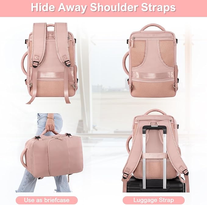 Sinaliy Travel Backpack, Carry on Flight approved Travel Bag with Multi-Pockets, Waterproof 17.3inch Laptop Backpack for Men Women, Pink