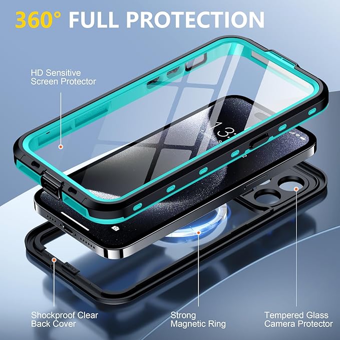 Red2Fire for iPhone 15 Pro Case Waterproof, [Built-in Screen Protector & Camera Protector][Compatible with MagSafe][Full Body Shockproof][IP68 Waterproof][Dustproof] Phone Case 6.1" Blue/Clear