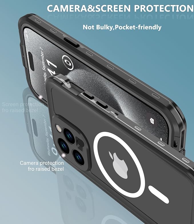 for iPhone 15 Pro Max Case Waterproof,Shockproof Dustproof IP68 Waterproof iPhone 15 Pro Max Case Built-in Screen Protector Charging Magnetic Ring for iPhone 15 Pro Max Cover Black