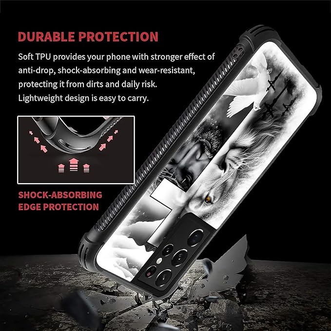 for Samsung Galaxy S21 Ultra Case, Lion Cross Jesus Christ Dove Pattern Graphic Design Girl Boy Soft Silicone Hard Acrylic Shock Protection for Samsung Galaxy S21 Ultra
