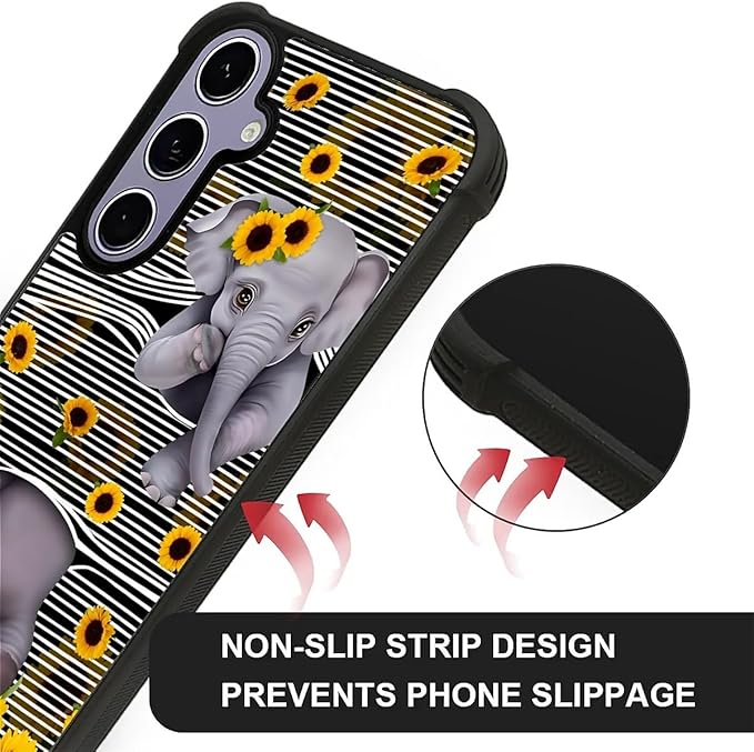for Samsung Galaxy S24 S25 Case, Cute Little Elephant Sunflower White Line Art Pattern Graphic Design Girl Boy Soft Silicone Hard Acrylic Shock Protection for Samsung Galaxy S24 S25