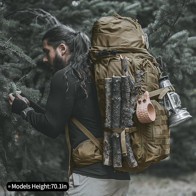 Mardingtop 75L Molle Hiking Internal Frame Backpacks with Rain Cover for Camping,Backpacking,Travelling(Khaki)
