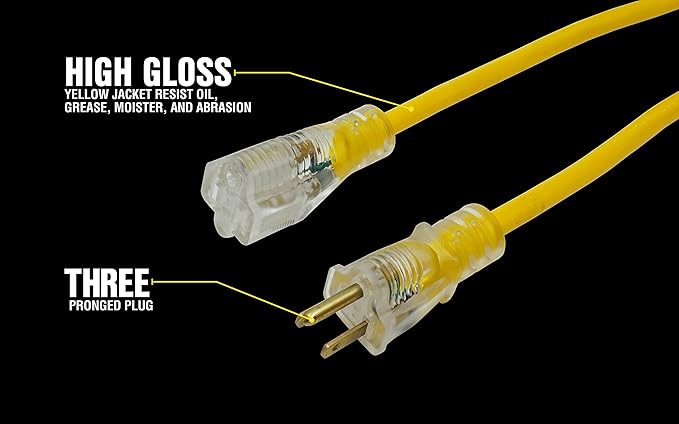 Southwire Yellow Jacket Heavy Duty Extension Cord - Outdoor Power for Tools & Equipment - Lighted End with SJTW Jacket & Three Prong Plug - 100 Foot