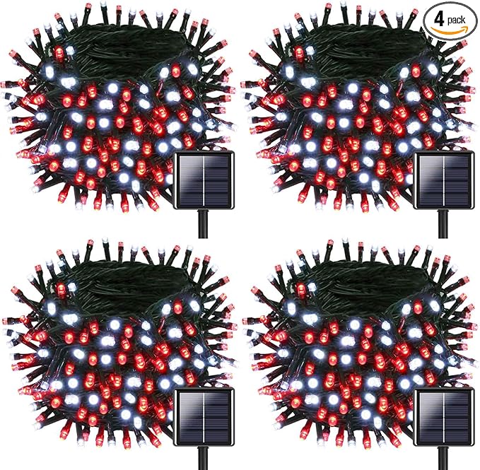 OZS 4 Pack 320LED Solar Christmas String Lights Outdoor, Waterproof 8 Modes Solar Tree Light, Green Wire Christmas Lights Outdoor for Garden, Party, Wedding, Christmas Decorations (Red&Cool White)