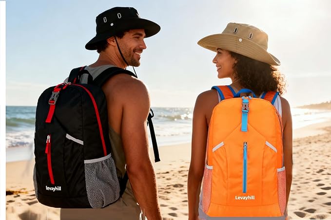 levayhill 25L Foldable Backpack & Bucket Hat 2 IN1 Combo, Lightweight packable Travel Set, Compact Daypack Sun Fisherman Hat (Black)
